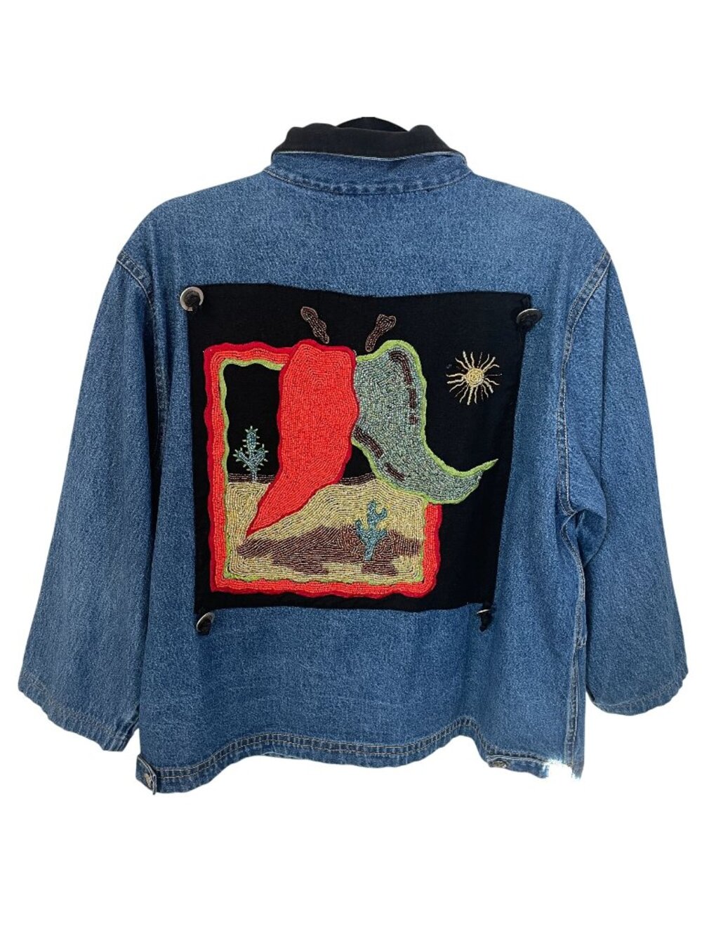Vintage 90s Beaded Chili Peppers Southwestern Denim Jacket Women L Artsy Boho - Picture 1 of 9